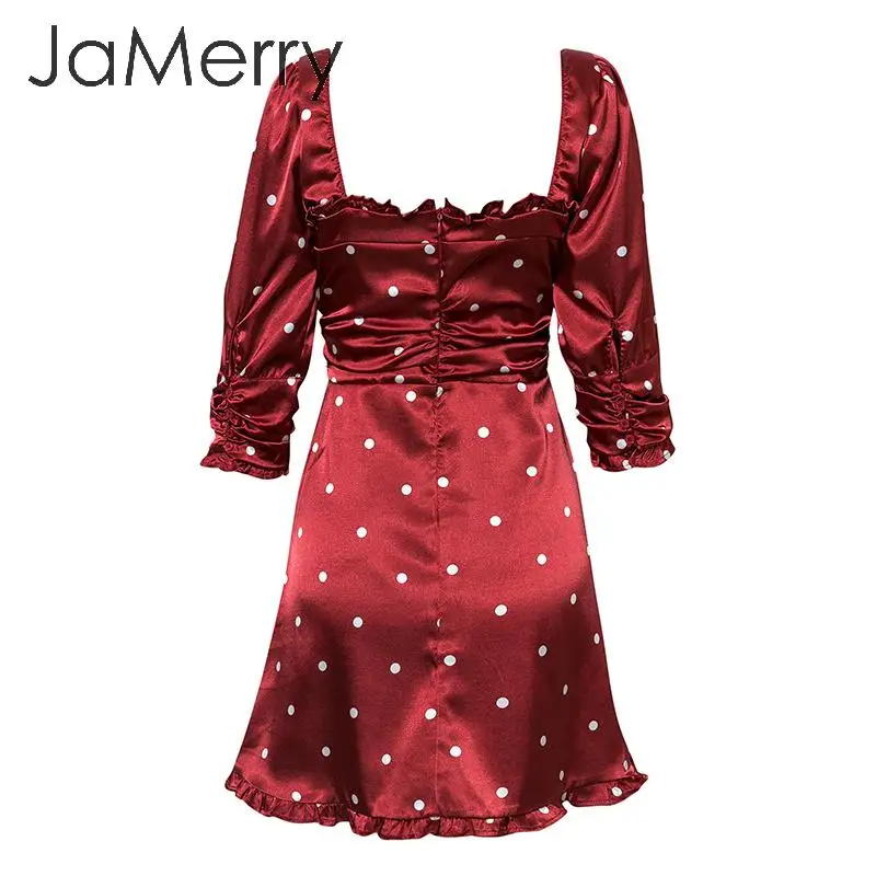 JaMerry, сексуальное женское платье в горошек, элегантное, высокая талия, фонарь, с рюшами, праздничное платье, уличная одежда, для девушек, с рюшами, с бантом, Летнее мини-платье