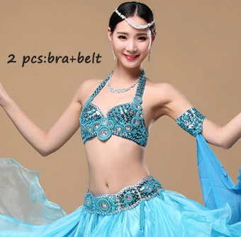 Turquoise Bra Belt Женская одежда для сценических и танцевальных танцев для восточных танцев, расшитый блестками костюм для танца живота, комплект из 2 предметов, бюстгальтер и пояс, костюмы для танца живота - Цвет: Turquoise Bra Belt