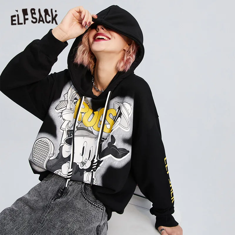 ELFSACK Harajuku Black Cartoon Print Casual