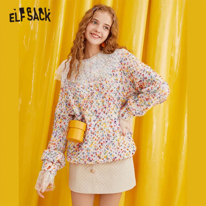 ELF SACK разноцветные в горошек контрастные кружевные женские свитера 2019 осень цветной плетеный рукав-Волан женские топы