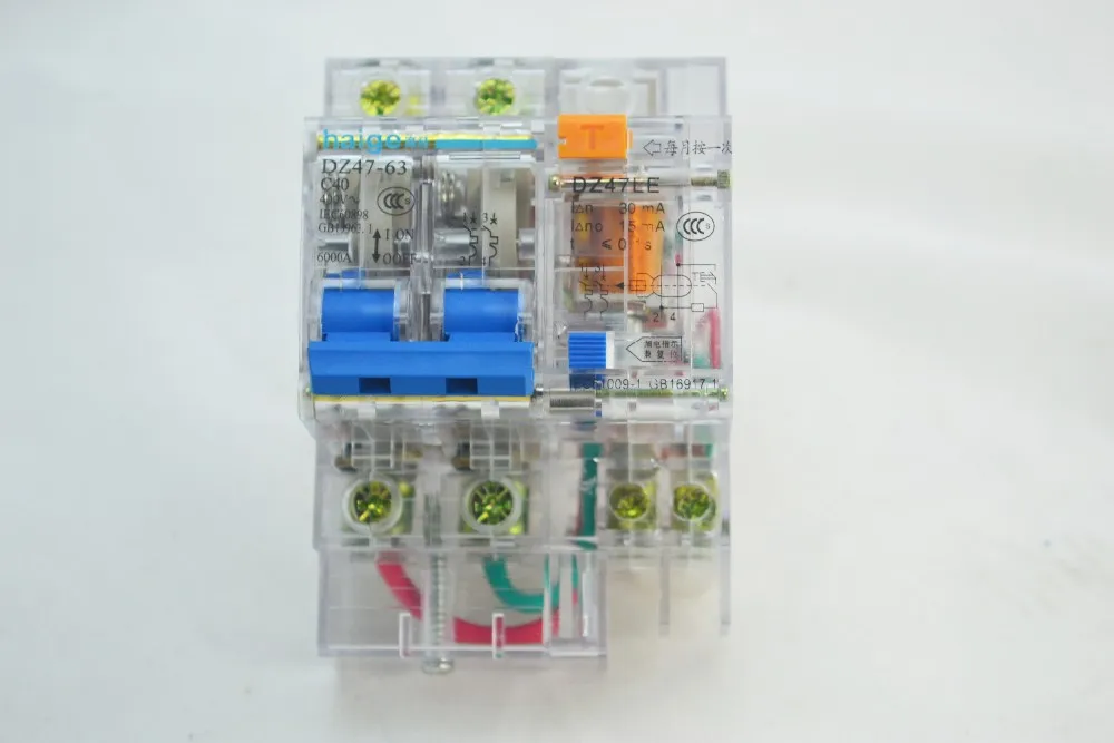 DZ47LE 10A 16A 20A 25A 32A 40A 50A 63A 2 полюса прозрачный остаточный ток прерыватель цепи при утечке на землю ELCB RCBO