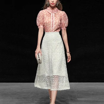 

Seifrmann Women Fashion Runway Summer Skirt Set Puff Sleeve Floral Print Blouses and High Waist White Skirts 2 Two Pieces Suits