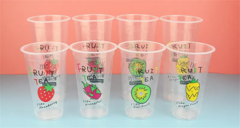 50pcs Creative cute fruit disposable cups party favorl transparent plastic cup 500ml tea juice takeaway packaging cups with lid
