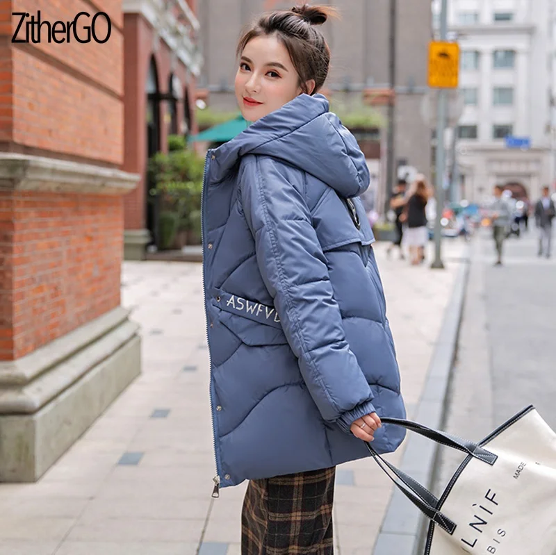Blue Модные зимние базовые куртки для женщин с капюшоном с хлопковой подкладкой, тонкое теплое пальто с эполетом, парки, женская верхняя одежда - Цвет: Blue