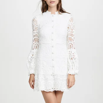 

New White Lace Embroidery Women Dress Elegant Long Sleeve Mini Dresses A1298