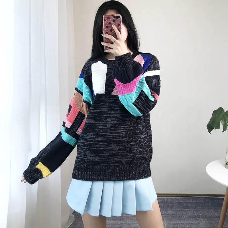 

Women Sweater Color Block Geometric Pattern Jumper Plus Size Jersey Runway Loose Long Sleeve Pullovers Knitted Top Vintage