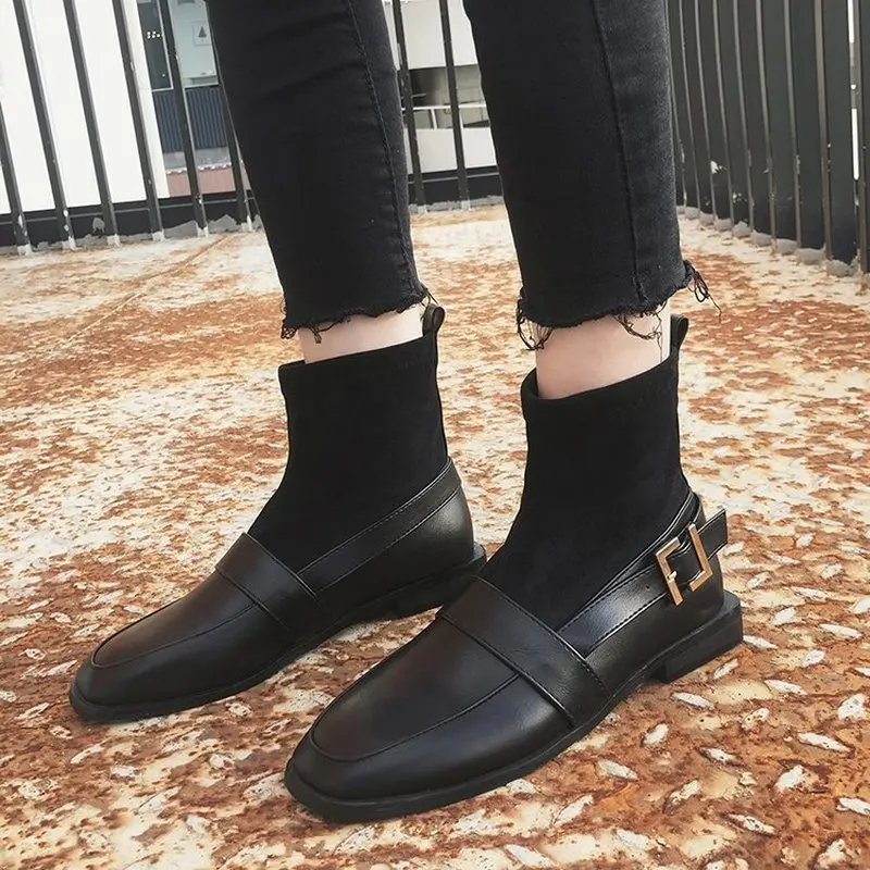 

New Chic Women's Low-heeled Booties Ladies leather splice Ankle Boots Female Spuare Toe High-top Winter Boots Woman Martin Boots