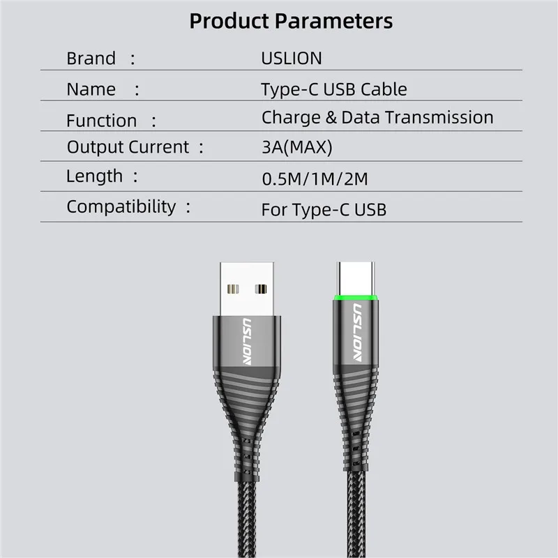 USLION светодиодный кабель 3 А usb type-C, кабель для быстрой зарядки для мобильного телефона samsung Xiaomi huawei type-C, USB-C кабель, шнур для зарядки 2 м