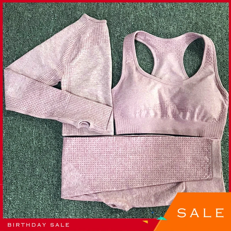 

3PCS Yoga Set Vital Seamless Leggings Sports Bra+Long Sleeve Crop Top+Women Running Gym Leggings High Waist Fitness Sports Suit