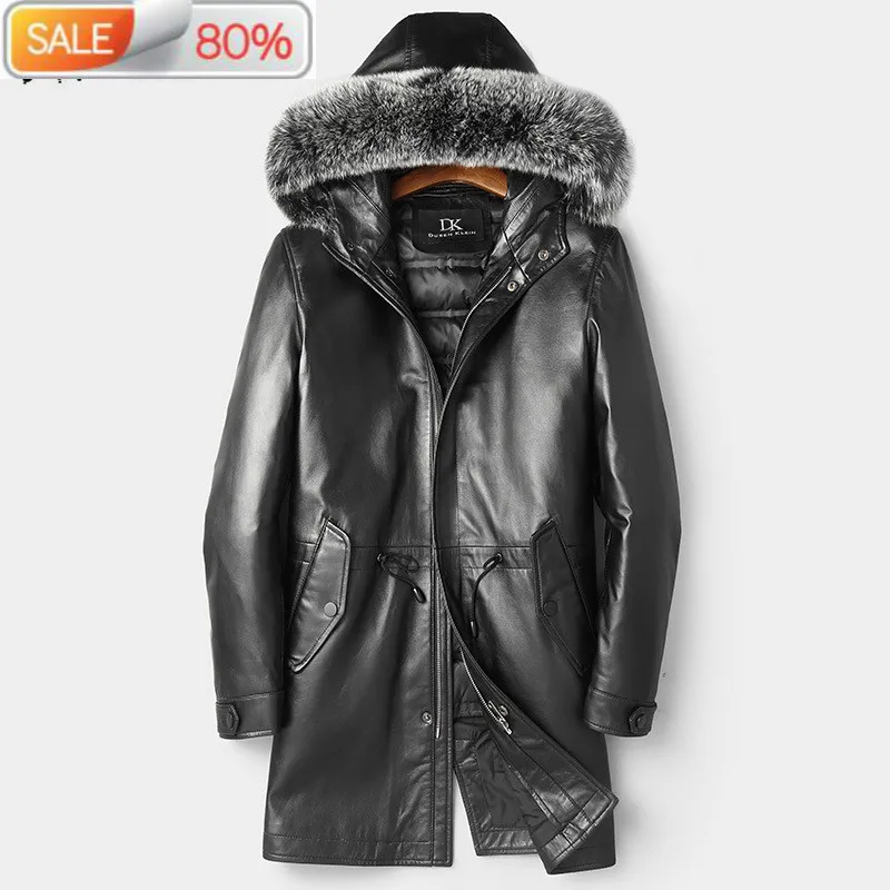 

Men's Sheepskin Genuine Leather Winter Duck Down Jacket Men Fox Fur Collar Hooded Long Coat A1Z1A01 YY27A
