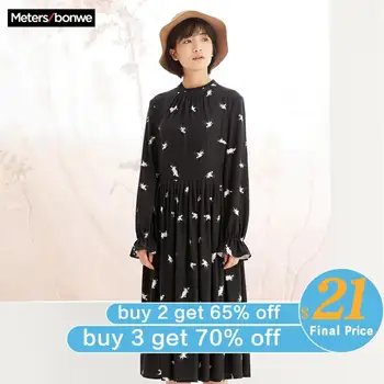 

Metersbonwe Elegant O-neck Print Chiffon Dress Spring Flare Sleeve Ruffles Elastic Slim Waist Female Midi Dress Chic