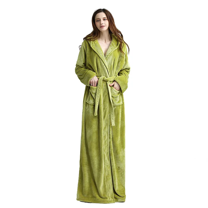 Пара тепловой с капюшоном удлиненный зимний банный халат для женщин и мужчин мягкий фланелевый банный халат-кимоно домашний теплый халат платье Прямая поставка - Цвет: women green