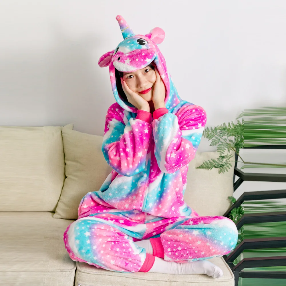 Unisex Adults Unicorn Pajamas Onesies Plush Fleece Unicorn Animal Costume Flannel Cosplay One Piece Sleepwear Halloween Dress Up