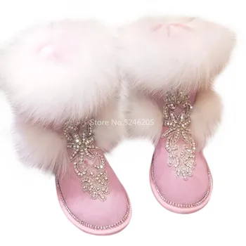 

New Winter Fashion Women Boots Luxury Handmade Crystal Winter Boots Round Toe Slip On Pink Black Real Fur Ankle Boots