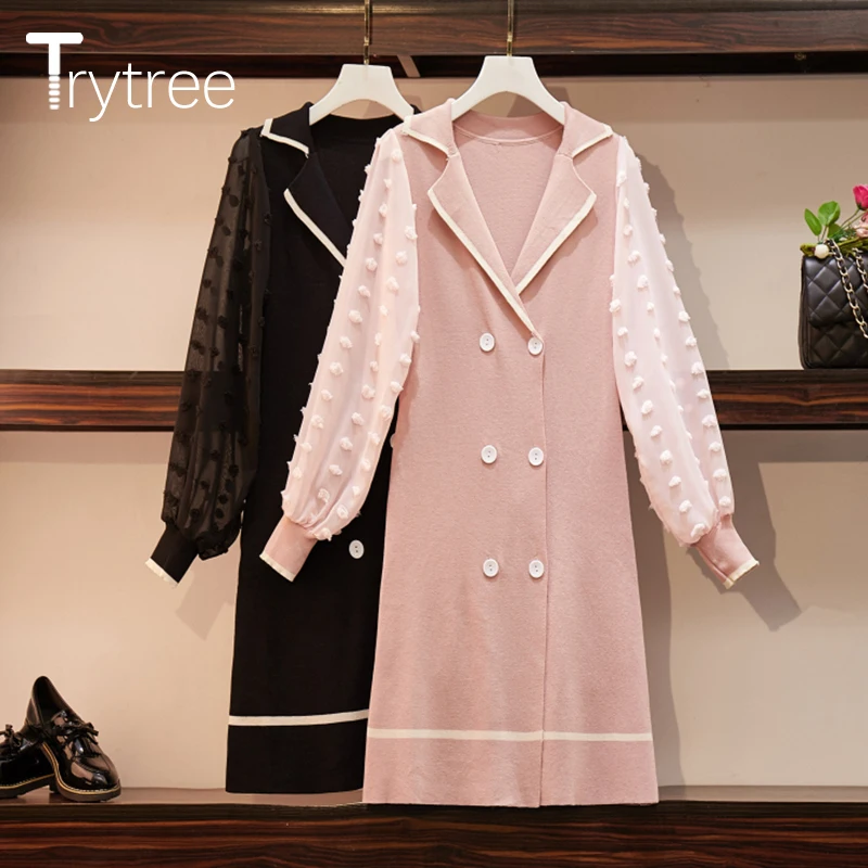 

Trytree Autumn women Casual Dress Turn-down Collar Knitted Patchwork Lace Puff Sleeve Dress Knee-Length Button Office Lady Dress