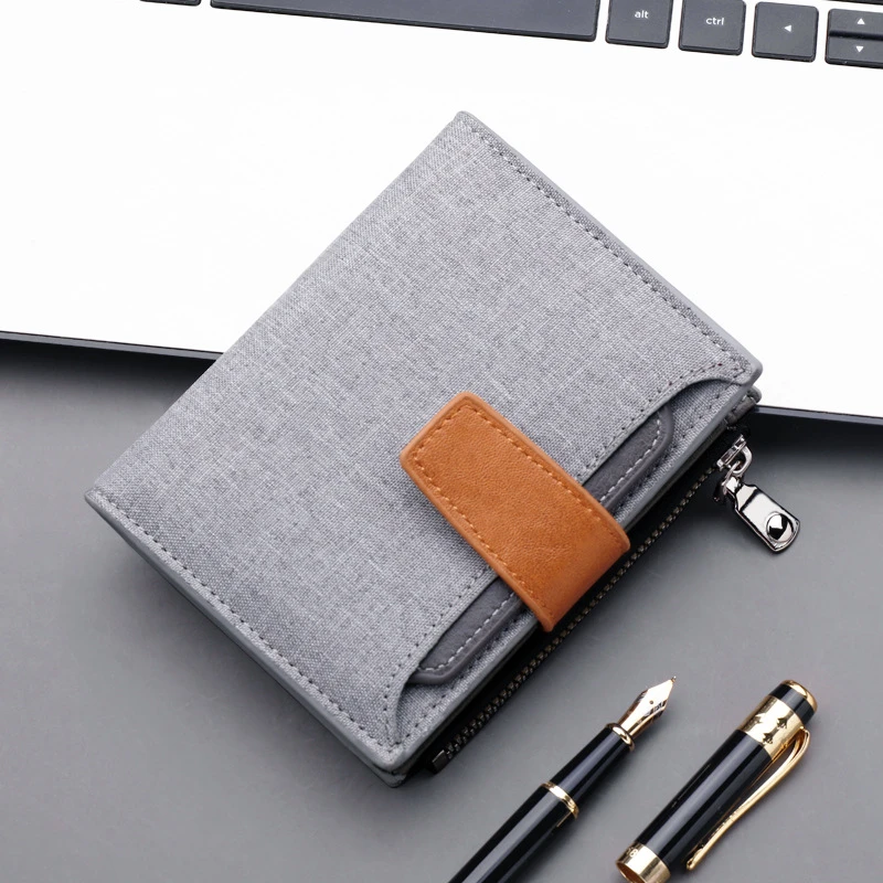 Cartera lona y cuero sintético hombre, monedero corto de color gris/azul/negro con cierre/cremallera, tarjetero de crédito|Carteras| - AliExpress