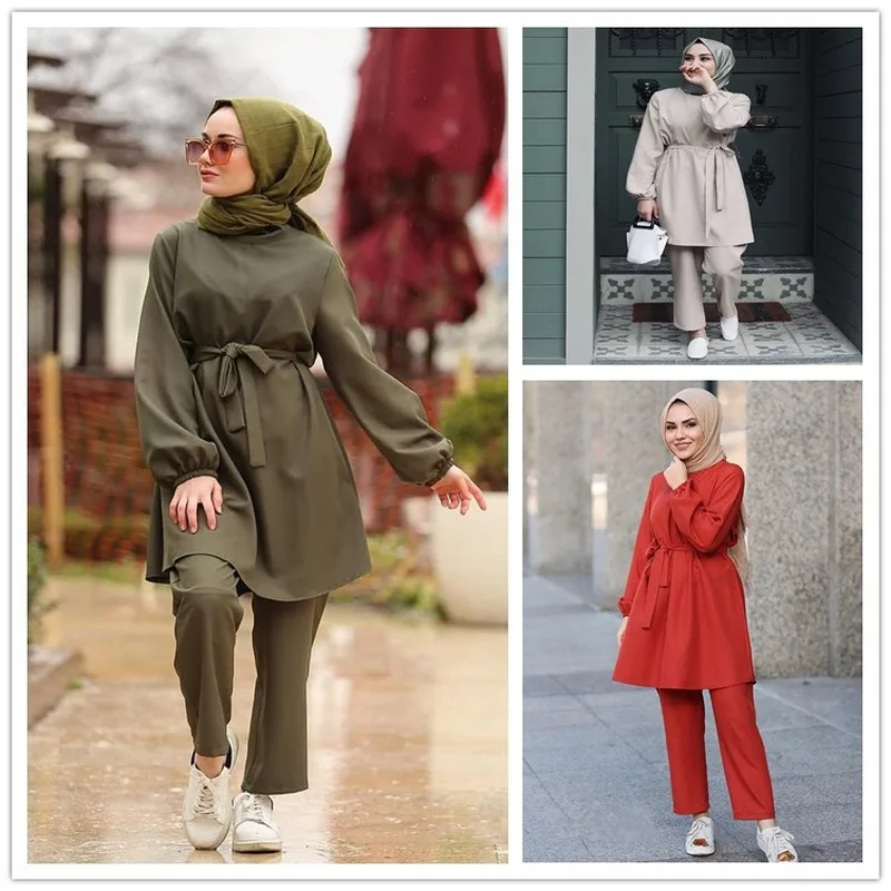 

Plus Size Abaya Dubai Muslim Lace-up Tops Pants 2Pecs Sets Women Kaftan UAE Oman Pakistan UAE Turkey Islamic Dress Ramadan Ropa