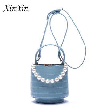

Luxury pearl bucket evening bag women designer high fashion shoulder bag females leather hand crossbody bag for women chain mini