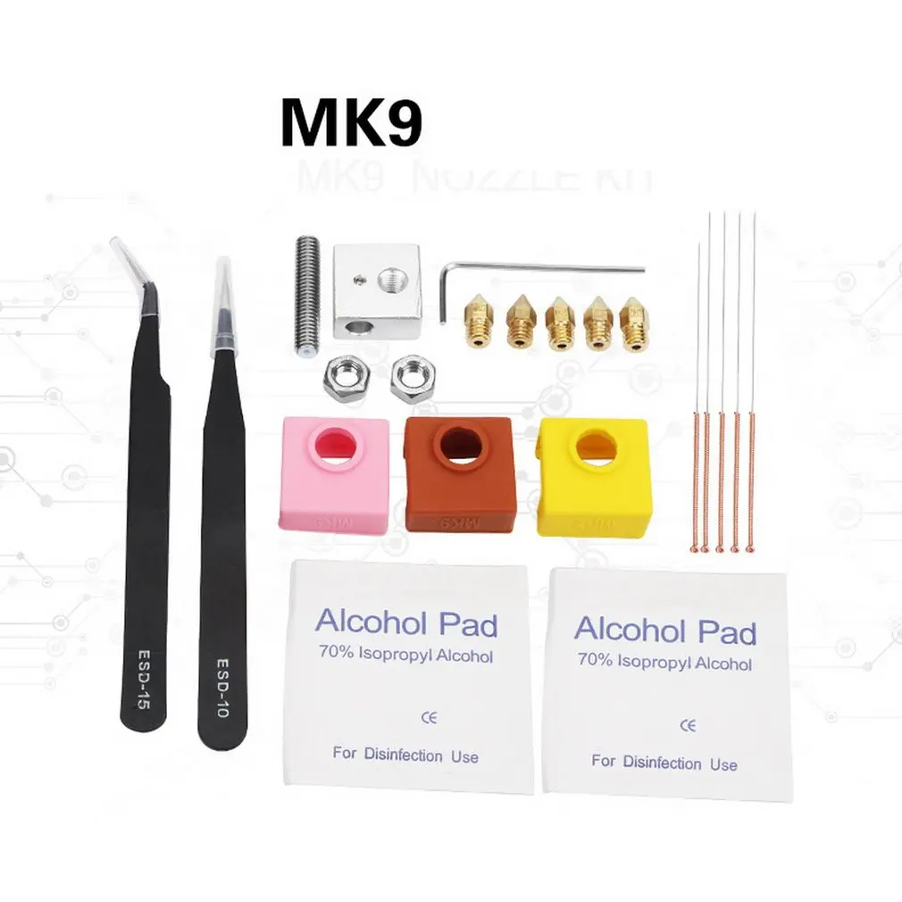 

MK9 Heating Block Silicone Case Cover Nozzle Hose Tweezers Cleaning Drill Kits for 3D Printers Extruder