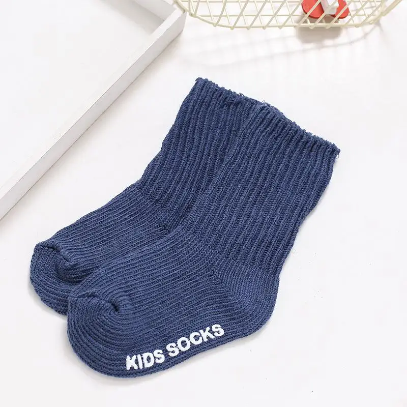 Детские носки из бамбуковой пряжи осенне-зимние шерстяные носки для малышей утолщенные Носки для маленьких мальчиков и девочек Нескользящие носки-Тапочки - Цвет: Синий
