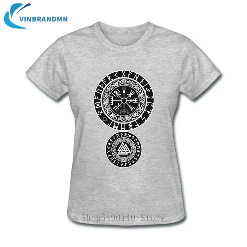 New Vegvisir Retro T Shirt Viking Symbols of Protection Women Cool T-Shirt Old Norse Rune Circle With Odin's Tshirt Femme | Женская