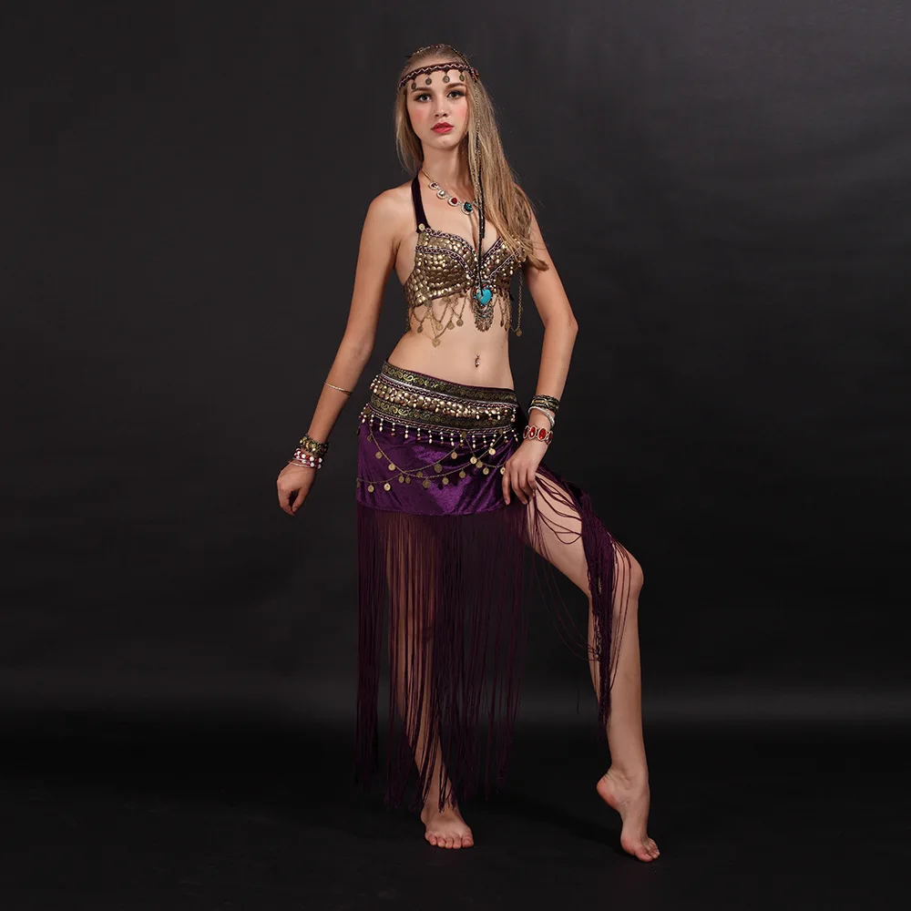 Костюмы ATS, одежда для танца живота для женщин, комплект из 2 предметов, бюстгальтер с бусинами юбка с поясом, цыганские танцевальные костюмы