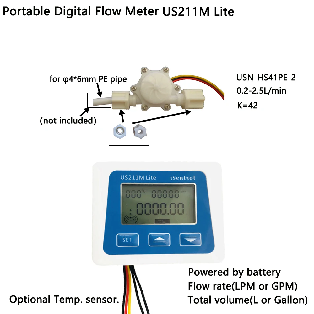 

US211M Lite Digital Flowmeter and USN-HS41PE-2 0.2-2.5LPM Hall Effect Flow Sensor Total Volume and Flow Rate Display