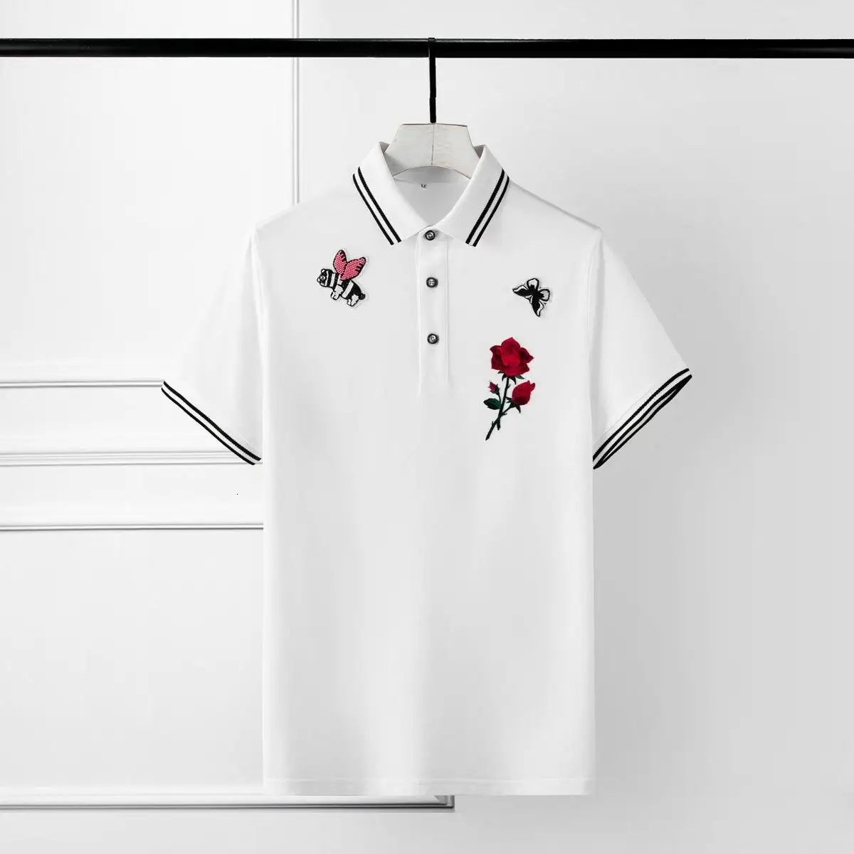 Summer Mens T-shirts Luxury Flower Embroidery Short Sleeve Mens T-shirts Plus Size 4XL Solid Color Slim Man T-shirts - Цвет: WHITE