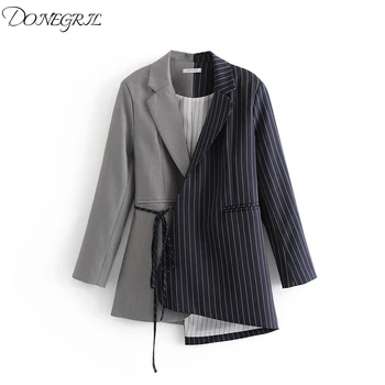 

2020 Spring Autumn Europe Fashion Women Suit Jacket Long Sleeve Wild Cotton Ladies Jacket Stripes Irregular New Women Clothing