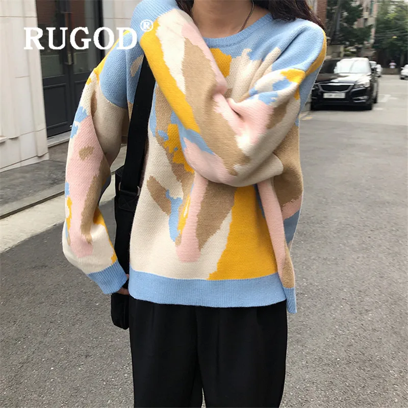 RUGOD цветной свитер с принтом граффити, пуловеры для женщин, круглый вырез, Свободный теплый вязаный пуловер, модный, harajuku, Плотная туника для женщин