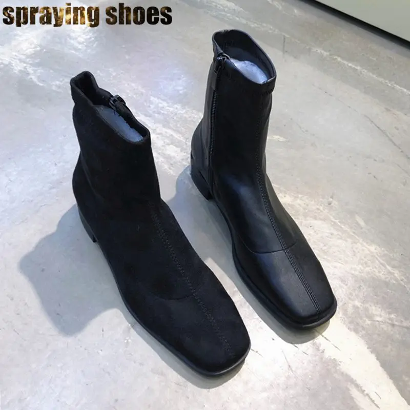 

Fashion Square Toe Ankle Boots Women Low Heel Autumn Winter Stretch Sock Boots Sexy Ladies Retro Martin Boots Woman 2019
