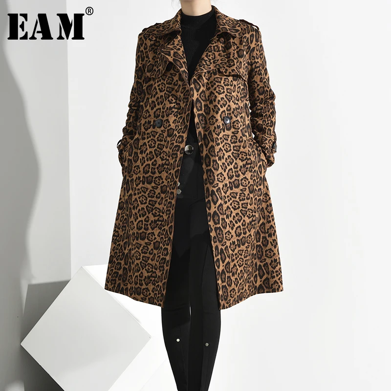 

[EAM] Women Leopard Print Split Long Bandage Trench New Lapel Long Sleeve Loose Fit Windbreaker Fashion Tide Spring 2020 A856