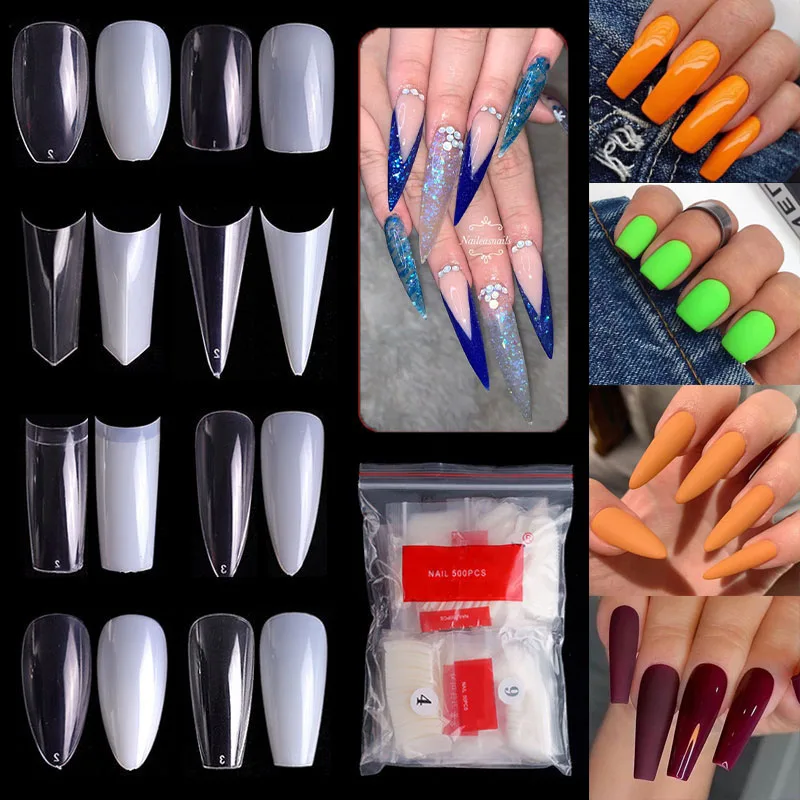 500 Tips Kit Bagged Fake Nails Full Half French Acrylic ABS For Manicure Fingers Toes Set C Smile Sharp 10 Sizes