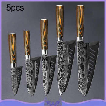 

5pcs 8 inch Kitchen Knife Professional Chef Knives High Carbon Stainless Steel Meat Cleaver Slicer Santoku Kitchen Utility Knife