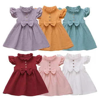 

pretty princess fly sleeve solid bow dresses toddler kids baby girl cotton knee-length dress children casual clothes 6M-5Y