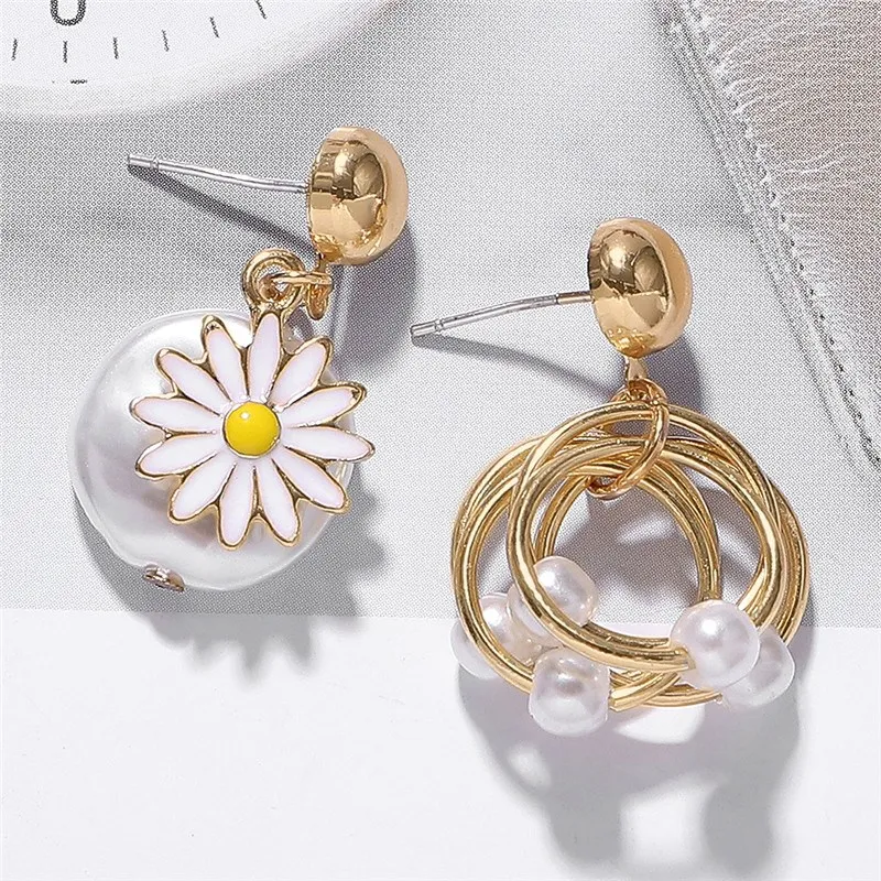 

Gold Color Flower Round Pearls Drop Earrings Plant Women Hanging Pearl Asymmetric Earrings