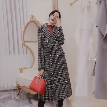 

2020 Autumn Winter high-end Tweed OL temperament Double-breasted Long-sleeved Windbreaker Woolen Jacket Women Coats N1094