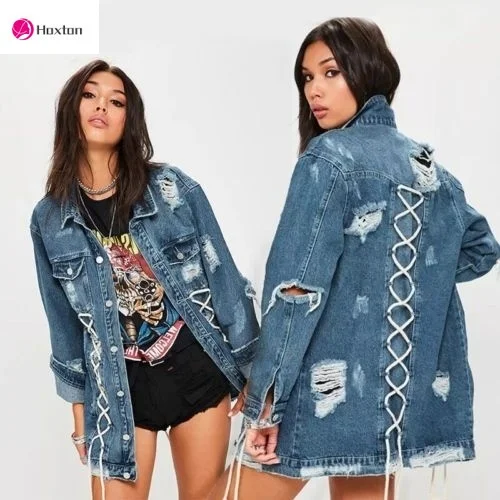 

Faded Long Line Ripped Oversized Denim Jacket Slim Distressed Jeans Coat