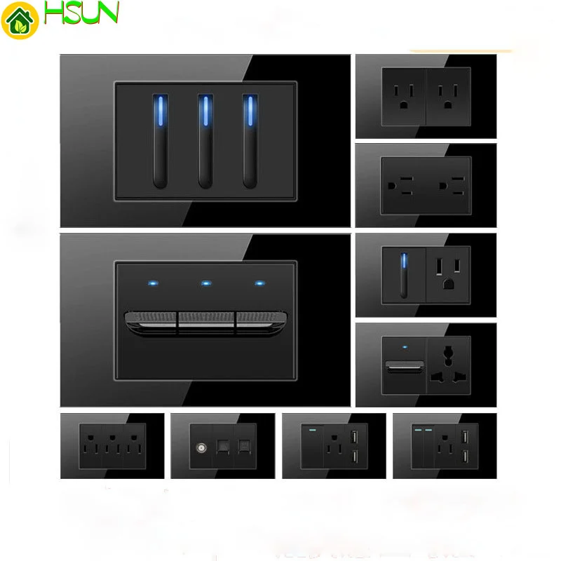 Brazil Mexico socket 118 type tempered glass black USA Standard 15A with LED light switch Philippines Thailand Canada USB | Обустройство