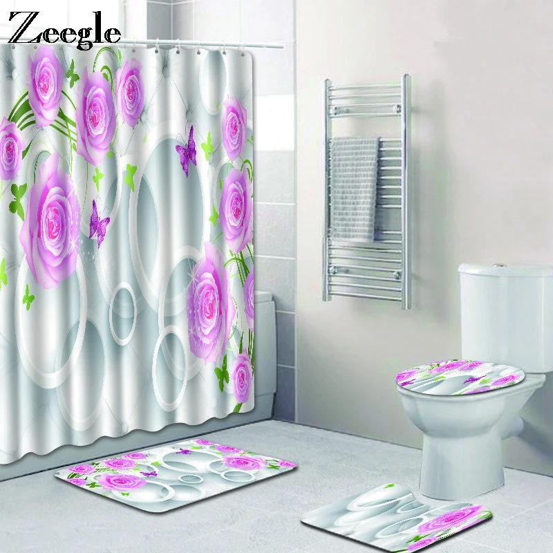 Zeegle Shower Curtain and Bath Mat Set Waterproof Bathroom Curtain Absorbent Toilet Pedestal Rug Foot Mat Non Slip Bathroom Rugs
