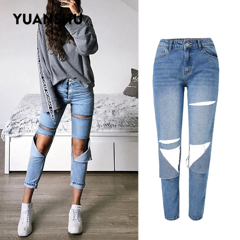 YUANSHU Women Ripped Jeans High Waist Denim Pencil Pants Destroyed Knee Holes Boyfriend Stretch Motorcycle Female Trousers | Женская