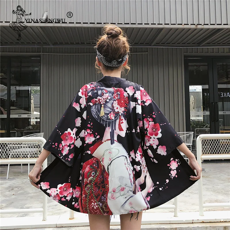 

Women Yukata Kimono Harajuku Crane Print Japanese Style Kimono Leisure Blouse Sunscreen Men Cosplay Costume Thin Summer Clothing