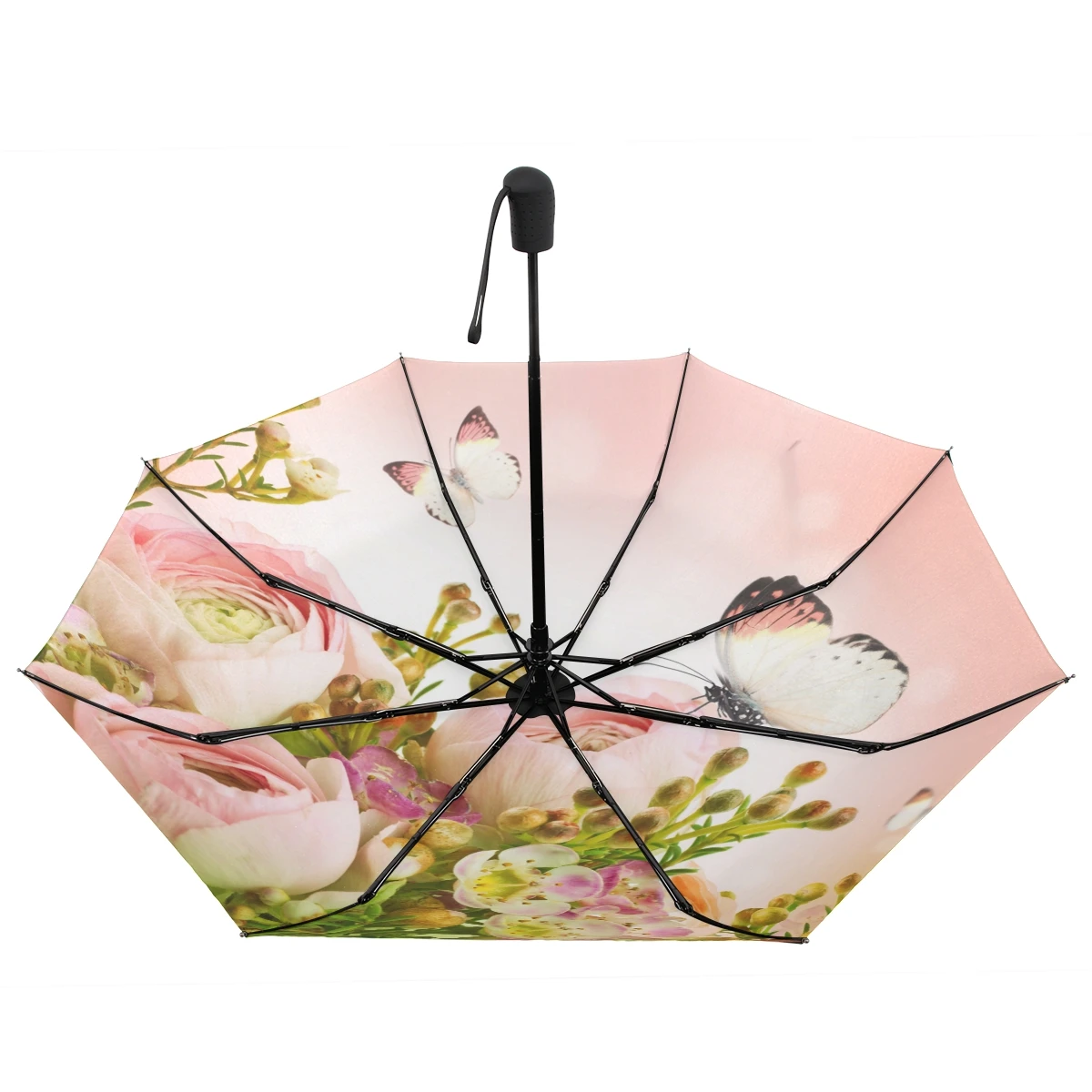 Красивый зонт с розовыми розами и бабочками, женский подарок, три складных зонта, Ветрозащитный Автоматический Портативный зонт для путешествий