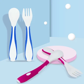 

2PCS/SET Babies Tableware Bending Spoon Head Set Gadgets Fork Spoon Suit Portable Training Forks Spoons