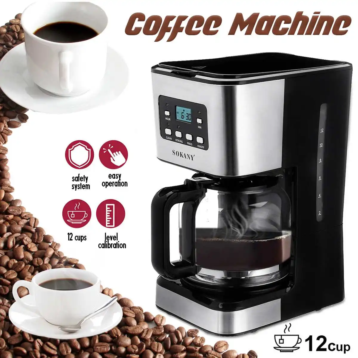 

Coffee Machine 12 Cups Semi-Automatic Steam Coffee Maker For Espresso Cappuccino Latte 220V Detachable Washable Coffeemaker