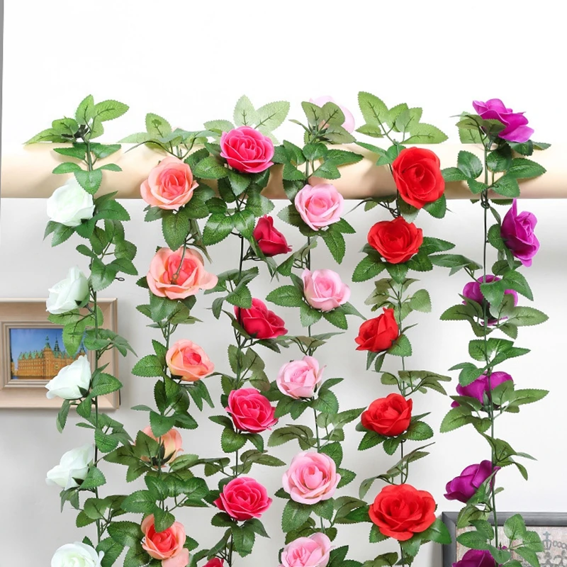 2,4 м шелковые искусственные розы, цветы, гирлянда из ротанга, Виноградная лоза с зелеными листьями для дома, свадьбы, сада, украшение, подвесная гирлянда, настенная