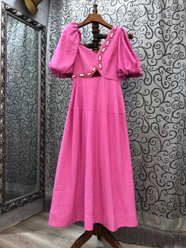 

2020 Early Autumn New Women's Irregular Neckline Bubble Short Sleeve A- line Plain Long Dress 826