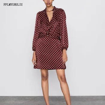 

Fashion new casual dress wave point satin ruffled V-neck long-sleeved waist dress elegant slim short dress