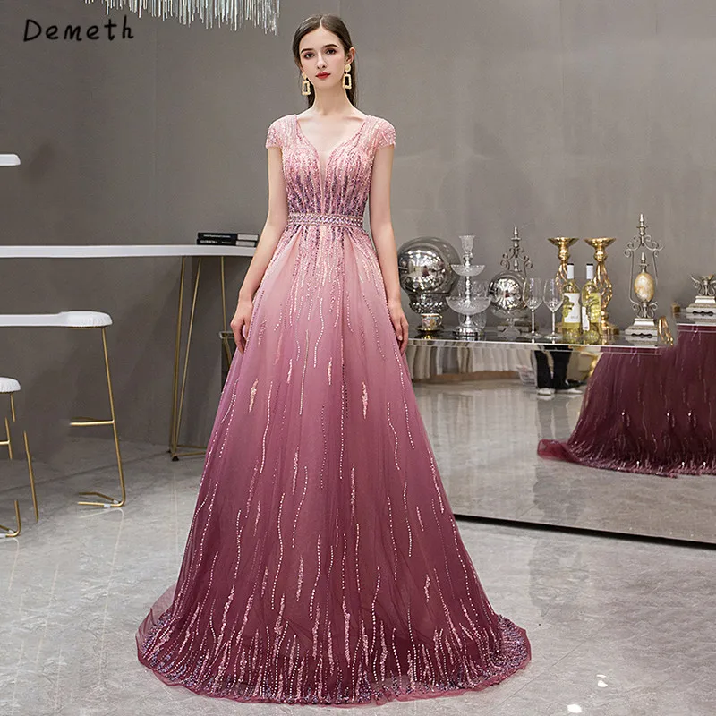 

Backless Beaded Peach Color Evening Dresses Cap Sleeve Beach Evening Gowns With Sweep Train Newest Designrobe de soiree