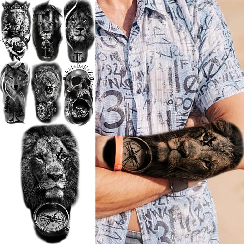 

Realistic Lion Compass Temporary Tattoos For Men Adult Tiger Wolf Skull Fake Tattoo Sticker Body Art Washable Half Sleeve Tatoos